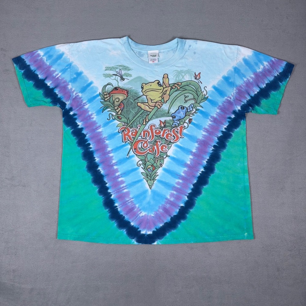 Rainforest Cafe Tie Dye T-Shirt Frogs V-Dye Double Sided Graphic Blue Green XL